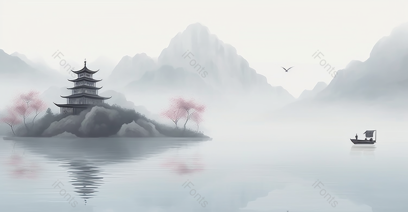 国潮山水建筑简约风景插画,插画/手绘图,插画/手绘图库,插画/手绘图下载,插画/手绘